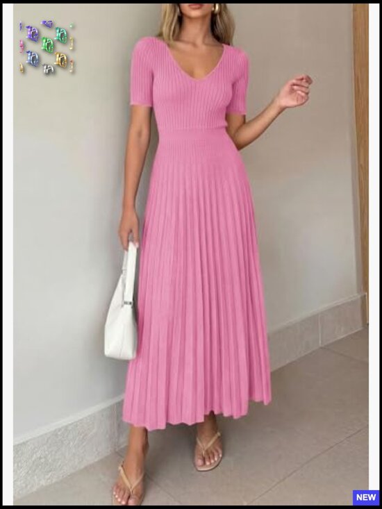 Ribbed Knit Midi Sweater Dress V-Neck A-Line Pleated Summer Casual - Picture 2 of 7